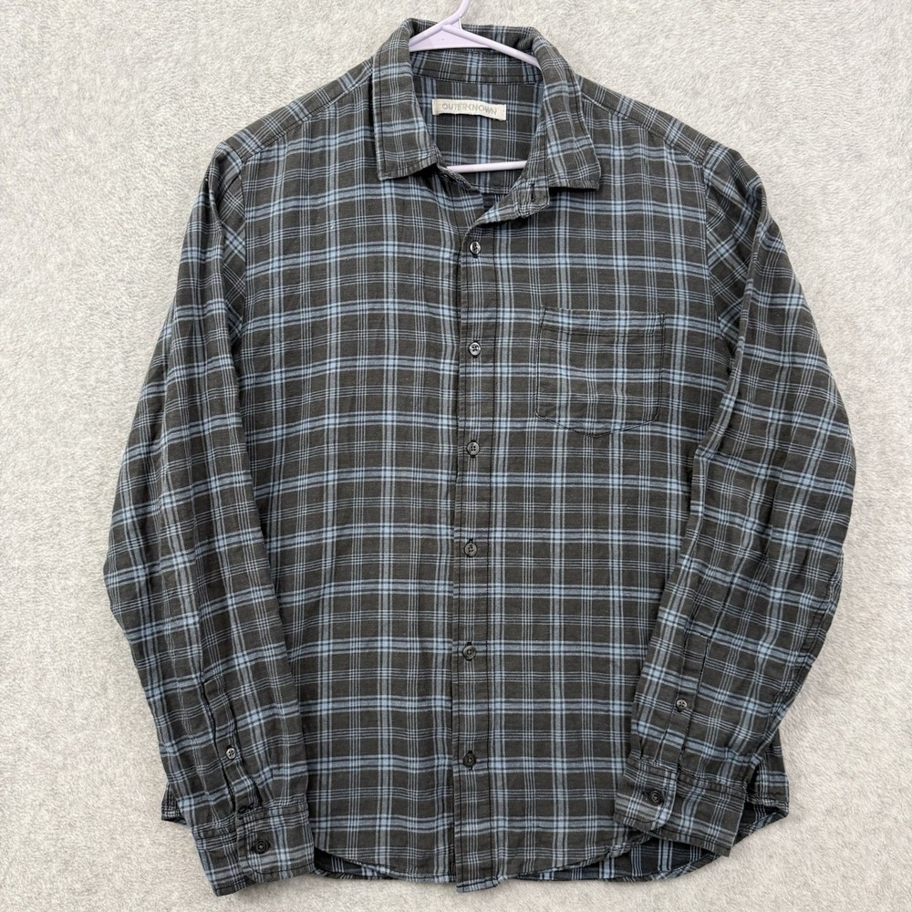 Outerknown‎ Shirt Men's Large Blue Gray Highline Plaid Cotton Linen Blend Button